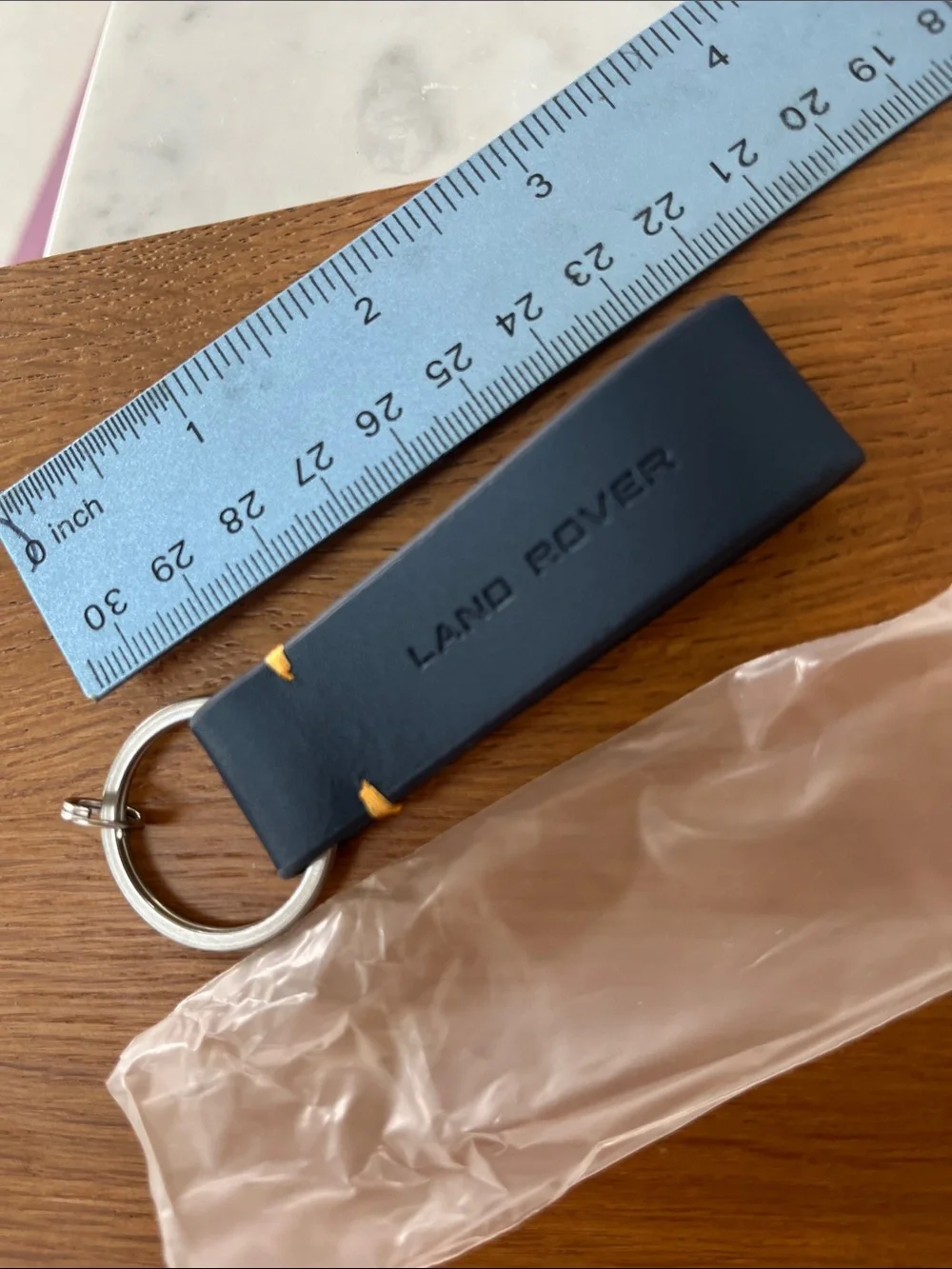 Land Rover Navy Leather Key Fob with Yellow Stitch Accents